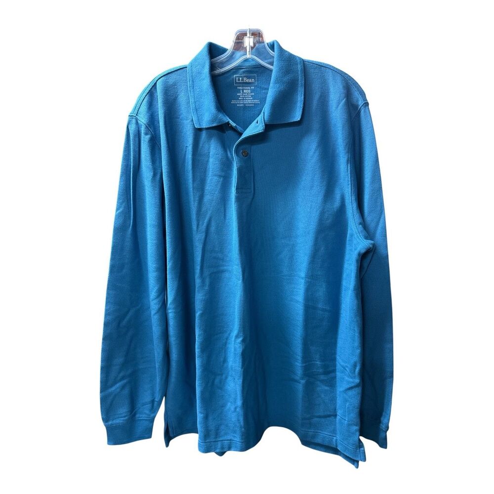 L.L. Bean Traditional Fit Long Sleeve Polo Men's Blue Cotton Pique Polo Large